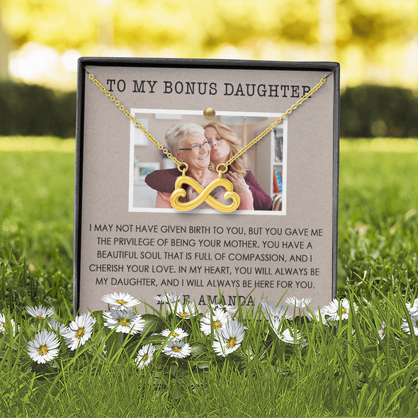 To My Bonus Daughter, Infinity Hearts Necklace With Privilege Of Being Your Mother Message Card, Customized Picture And Name Gift Pendant For Her, Christmas, Birthday, Anniversary, Gift For Her