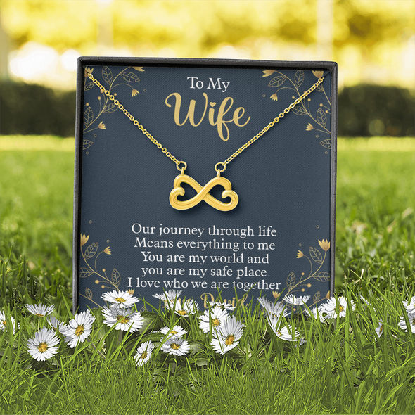 To My Beautiful Wife, Infinity Hearts Necklace With Our Journey Through Life Means Everything To Me Customized Message Card, Birthday, Gift For Her, Jewelry For Her, Pendant For Her