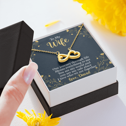 To My Beautiful Wife, Infinity Hearts Necklace With Our Journey Through Life Means Everything To Me Customized Message Card, Birthday, Gift For Her, Jewelry For Her, Pendant For Her