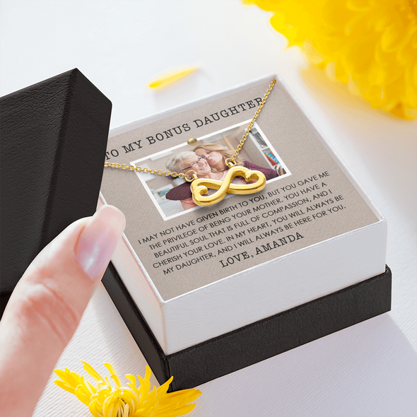 To My Bonus Daughter, Infinity Hearts Necklace With Privilege Of Being Your Mother Message Card, Customized Picture And Name Gift Pendant For Her, Christmas, Birthday, Anniversary, Gift For Her