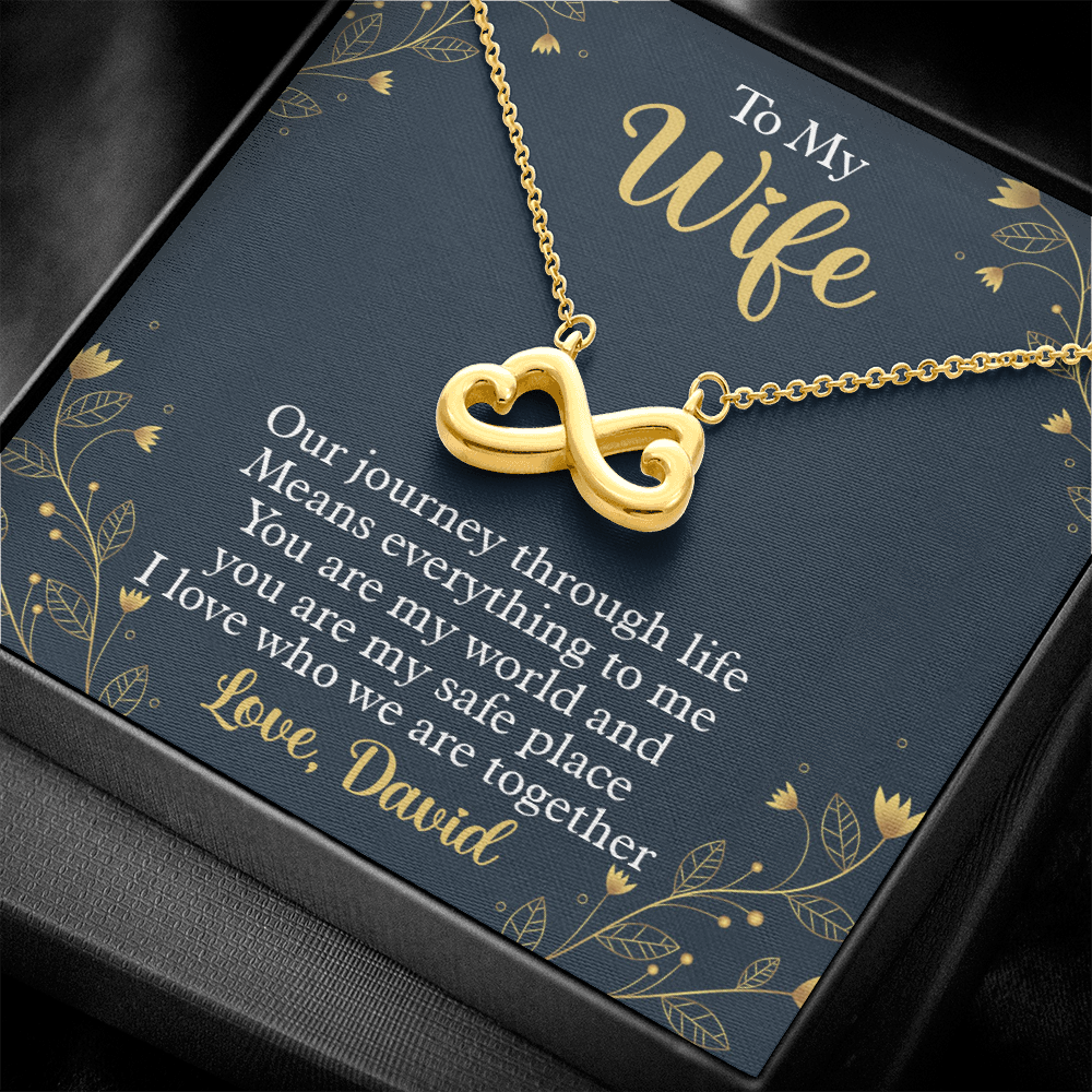 To My Beautiful Wife, Infinity Hearts Necklace With Our Journey Through Life Means Everything To Me Customized Message Card, Birthday, Gift For Her, Jewelry For Her, Pendant For Her