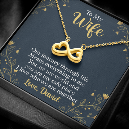 To My Beautiful Wife, Infinity Hearts Necklace With Our Journey Through Life Means Everything To Me Customized Message Card, Birthday, Gift For Her, Jewelry For Her, Pendant For Her