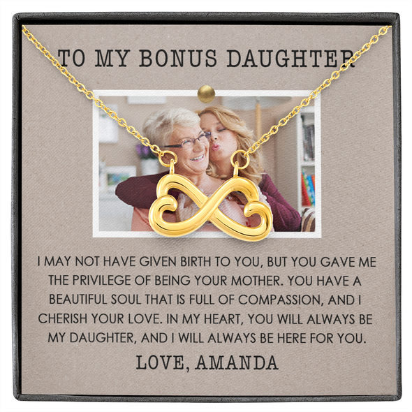 To My Bonus Daughter, Infinity Hearts Necklace With Privilege Of Being Your Mother Message Card, Customized Picture And Name Gift Pendant For Her, Christmas, Birthday, Anniversary, Gift For Her