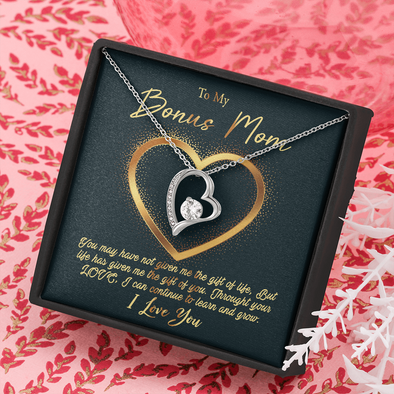 To My Bonus Mom, Forever Love Necklace, Necklace With Gift of Life Message Card For Her, Mother’s Day Gift Pendant For Her, Christmas, Birthday, Anniversary, Jewelry For Her