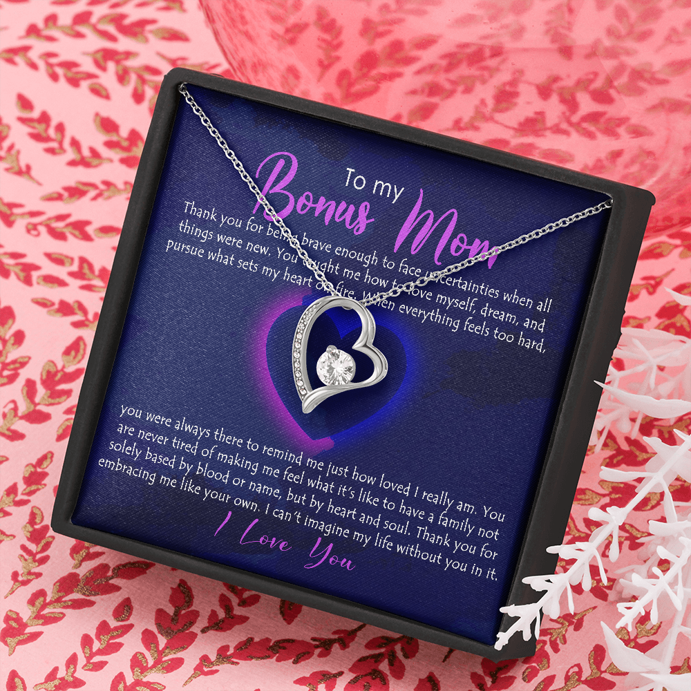 To My Bonus Mom, Forever Love Necklace, Necklace With Thanks For Being Brave Message Card For Her, Mother’s Day Gift Pendant For Her, Christmas, Birthday, Anniversary, Jewelry For Her