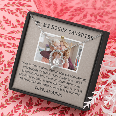 To My Bonus Daughter, Forever Love Necklace With Privilege Of Being Your Mother Message Card, Customized Picture And Name Gift Pendant For Her, Christmas, Birthday, Anniversary, Gift For Her