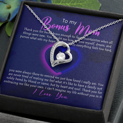 To My Bonus Mom, Forever Love Necklace, Necklace With Thanks For Being Brave Message Card For Her, Mother’s Day Gift Pendant For Her, Christmas, Birthday, Anniversary, Jewelry For Her