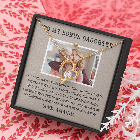To My Bonus Daughter, Forever Love Necklace With Privilege Of Being Your Mother Message Card, Customized Picture And Name Gift Pendant For Her, Christmas, Birthday, Anniversary, Gift For Her