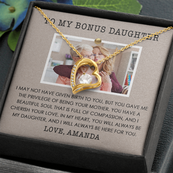 To My Bonus Daughter, Forever Love Necklace With Privilege Of Being Your Mother Message Card, Customized Picture And Name Gift Pendant For Her, Christmas, Birthday, Anniversary, Gift For Her
