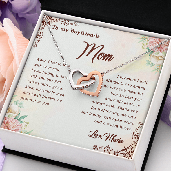 To My Boyfriend's Mom, Interlocking Hearts Necklace With I Will Forever Be Grateful To You Message Card, Mother's Day Gift, Anniversary Gift, Birthday Gift, Jewelry For Her, Customized Message Card