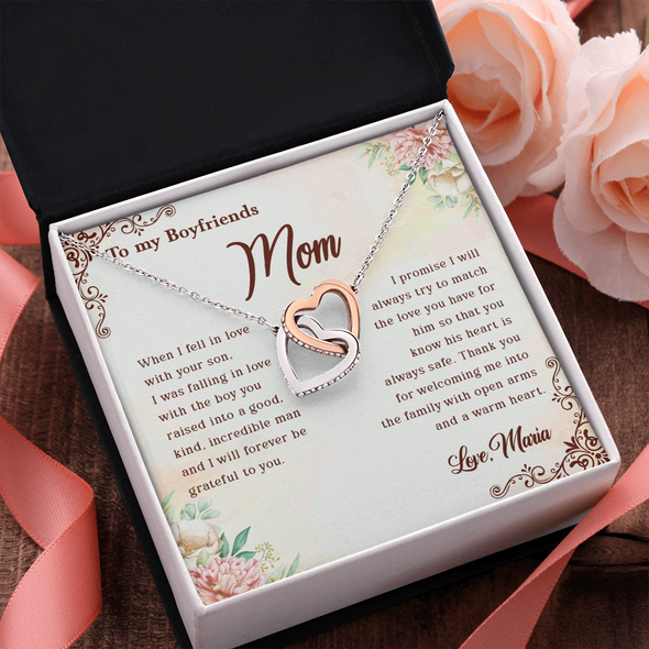 To My Boyfriend's Mom, Interlocking Hearts Necklace With I Will Forever Be Grateful To You Message Card, Mother's Day Gift, Anniversary Gift, Birthday Gift, Jewelry For Her, Customized Message Card
