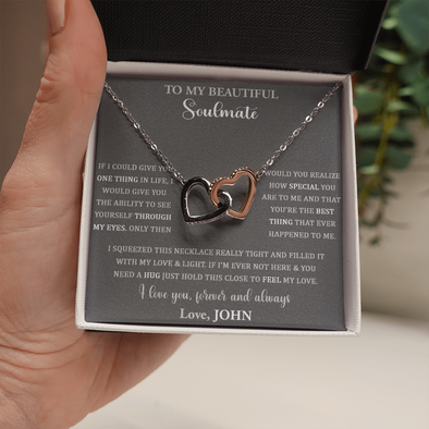 To My Soulmate, Interlocking Hearts Necklace, Anniversary, Gift For Her, Birthday, Valentine's Day, Christmas, Customized Pendant For Beautiful Wife With Message Card