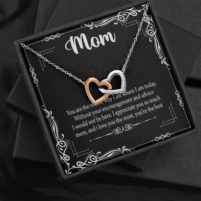 Mom, Interlocking Hearts Necklace With Without Your Encouragement and Advice I Would Not Be Here Message Card, Mother's Day Gift, Birthday, Anniversary, Pendant For Her, Jewelry For Her