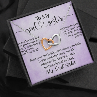 To My Soul Sister, Interlocking Hearts Necklace With I Can Always Count On You To Wipe My Tears Message Card, Birthday, Gift For Her, Necklace for Her, Jewelry For Her
