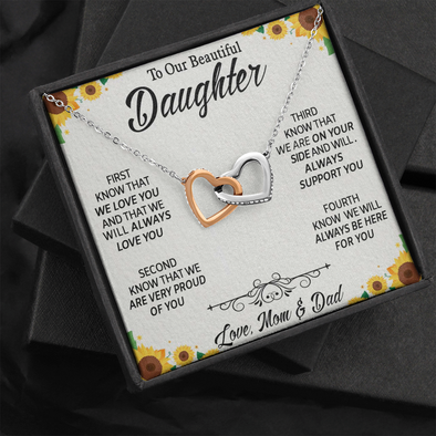 To Our Beautiful Daughter, Interlocking Hearts Necklace With Know That We Love You Message Card, Daughter's Day, Birthday Gift For Her, Jewelry For Her, Necklace For Her, Pendant For Her