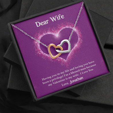Dear Wife, Interlocking Hearts Necklace With Having You In My Life Message Card, Birthday, Anniversary, Valentine's Day Gift, Jewelry For Her, Pendant For Her, Customized Message Card