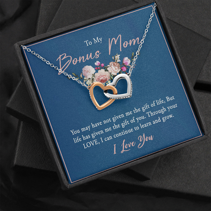 To My Bonus Mom, Interlocking Hearts Necklace, Pendant For Her, Birthday, Anniversary, Christmas, Mother's Day Gift For Her, Jewelry For Her, Necklace For Her