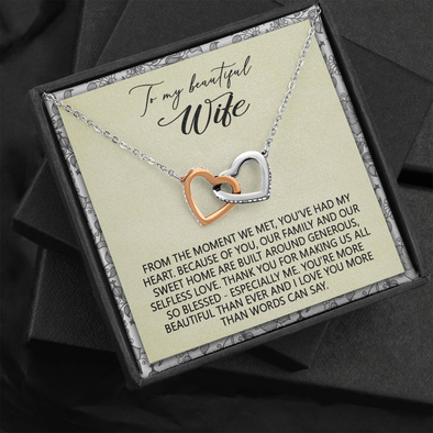To My Beautiful Wife, Interlocking Hearts Necklace With Thank You For Making Us All So Blessed Message Card, Anniversary, Birthday, Gift For Her, Jewelry For Her, Pendant For Her