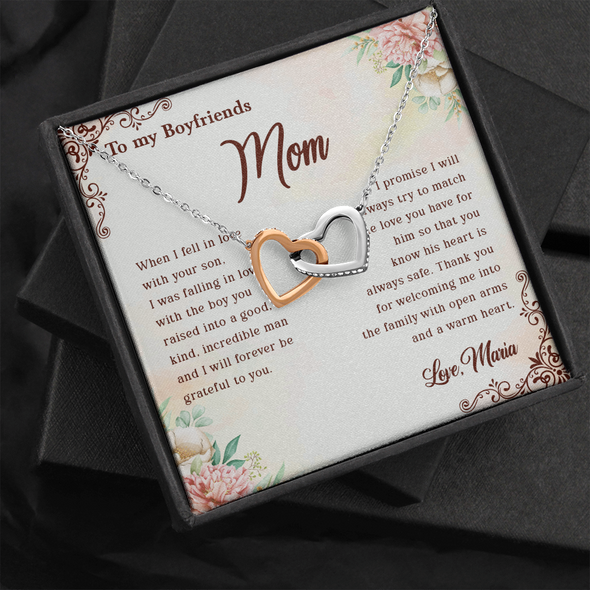 To My Boyfriend's Mom, Interlocking Hearts Necklace With I Will Forever Be Grateful To You Message Card, Mother's Day Gift, Anniversary Gift, Birthday Gift, Jewelry For Her, Customized Message Card