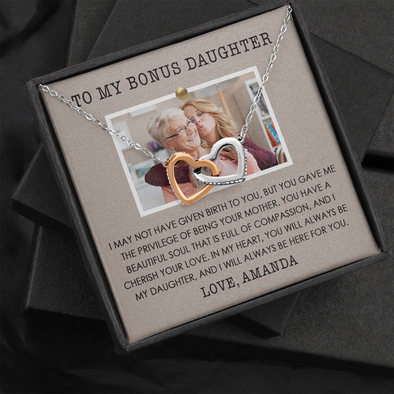 To My Bonus Daughter, Interlocking Hearts Necklace With Privilege Of Being Your Mother Message Card, Customized Picture And Name Gift Pendant For Her, Christmas, Birthday, Anniversary, Gift For Her