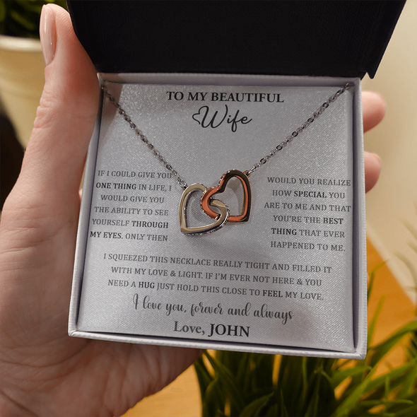 To My Beautiful Wife, Interlocking Hearts Necklace, Customized Pendant For Her, Jewelry For Her, Birthday Gift, Anniversary, Christmas, Gift For Her, Valentine's Day