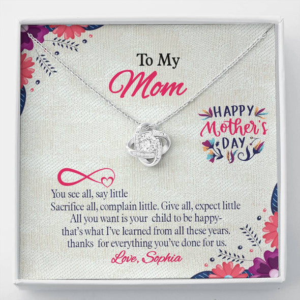 To My Mom, Thanks For Everything You Have Done For Us Customized Knot Pendant, Necklace With Message Card, Gift Ideas, For Mom/Daughter, Silver Jewelry For Her, Gift For Mother's Day