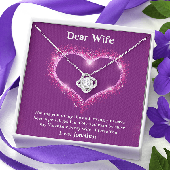 Dear Wife, Love Knot Necklace With Having You In My Life Message Card, Birthday, Anniversary, Valentine's Day Gift, Jewelry For Her, Pendant For Her, Customized Message Card