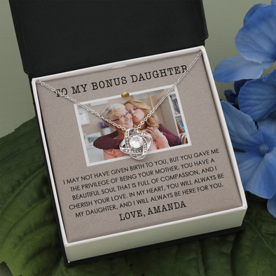 To My Bonus Daughter, Love Knot Necklace With Privilege Of Being Your Mother Message Card, Customized Picture And Name Gift Pendant For Her, Christmas, Birthday, Anniversary, Gift For Her