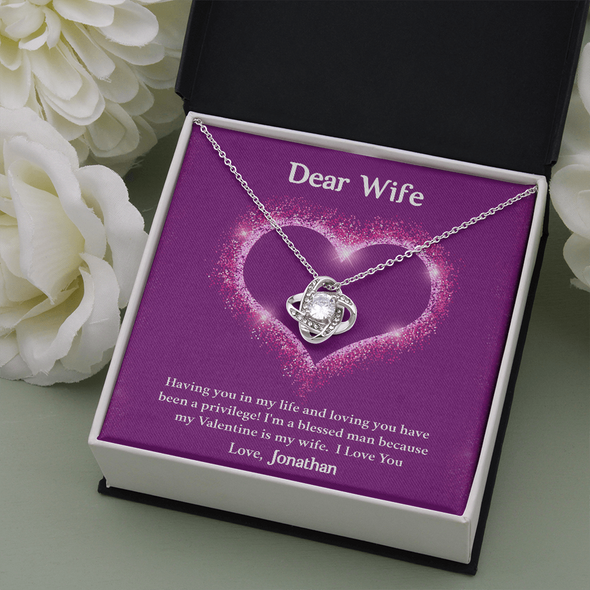Dear Wife, Love Knot Necklace With Having You In My Life Message Card, Birthday, Anniversary, Valentine's Day Gift, Jewelry For Her, Pendant For Her, Customized Message Card