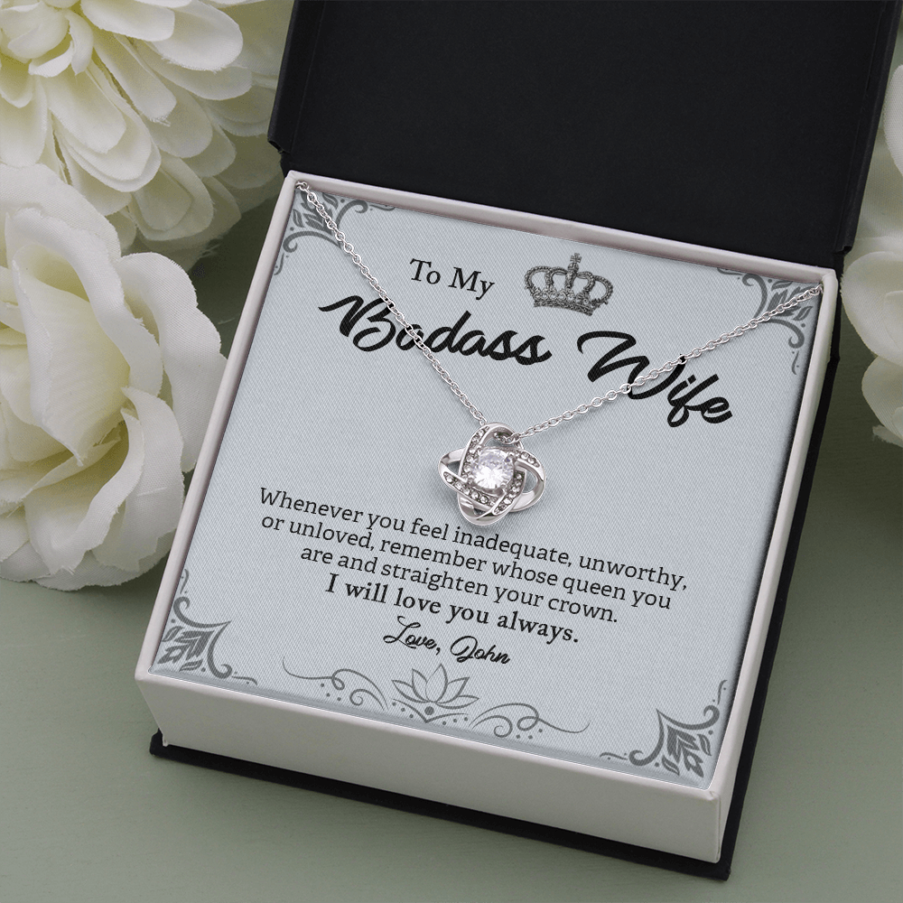 To My Badass Wife, Love Knot Necklace With Whenever You Feel Inadequate Remember Whose Queen You Are Customized Message Card, Anniversary, Birthday, Gift For Her, Jewelry For Her, Pendant For Her