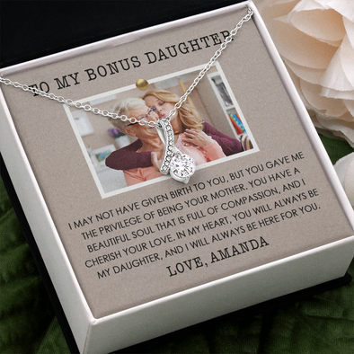 To My Bonus Daughter, Alluring Beauty Necklace With Privilege Of Being Your Mother Message Card, Customized Picture And Name Gift Pendant For Her, Christmas, Birthday, Anniversary, Gift For Her