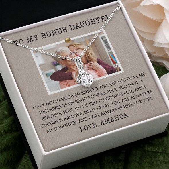 To My Bonus Daughter, Alluring Beauty Necklace With Privilege Of Being Your Mother Message Card, Customized Picture And Name Gift Pendant For Her, Christmas, Birthday, Anniversary, Gift For Her