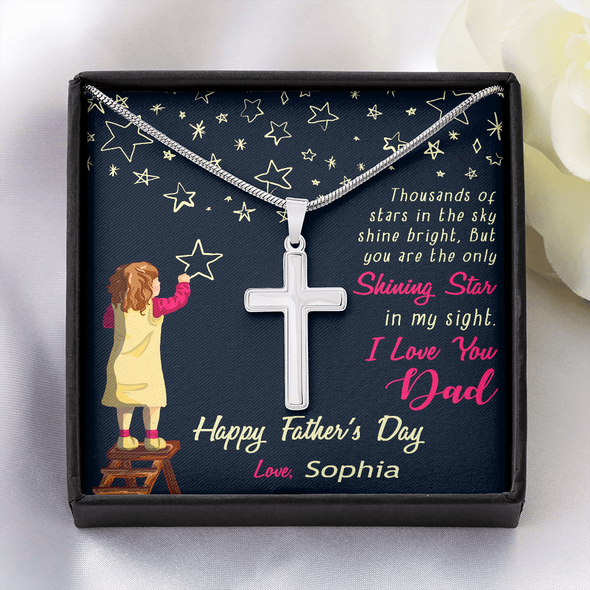 To My Dad, Artisan Crafted Cross Necklace With Thousand Of Stars In The Sky Shine Bright Message Card, Father's Day Gift For Him, Jewelry For Him, Gift For Dad