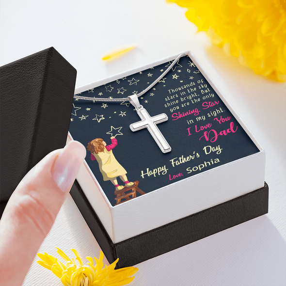 To My Dad, Artisan Crafted Cross Necklace With Thousand Of Stars In The Sky Shine Bright Message Card, Father's Day Gift For Him, Jewelry For Him, Gift For Dad
