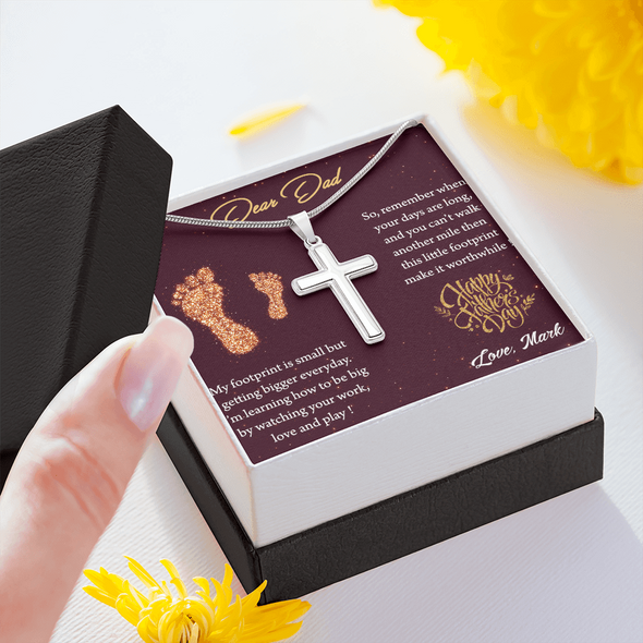 Dear Dad, Artisan Crafted Cross Necklace With I'm Learning How To Be Big By Watching You Work Message Card, Father's Day Gift For Him, Jewelry For Him, Customized Message Card
