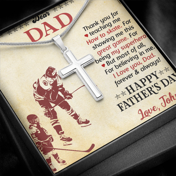 Dear Dad, Artisan Crafted Cross Necklace With Thank You For Showing Me This Great Game Message Card, Father's Day Gift For Him, Jewelry For Him, Customized Message Card