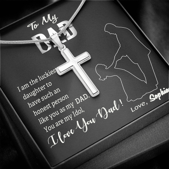 To My Dad, Artisan Crafted Cross Necklace With I Am The Luckiest Daughter Customized Message Card, Father's Day Gift For Him From Daughter, Jewelry For Him, Gift For Dad