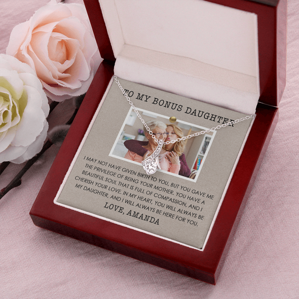 To My Bonus Daughter, Alluring Beauty Necklace With Privilege Of Being Your Mother Message Card, Customized Picture And Name Gift Pendant For Her, Christmas, Birthday, Anniversary, Gift For Her