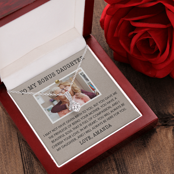 To My Bonus Daughter, Alluring Beauty Necklace With Privilege Of Being Your Mother Message Card, Customized Picture And Name Gift Pendant For Her, Christmas, Birthday, Anniversary, Gift For Her