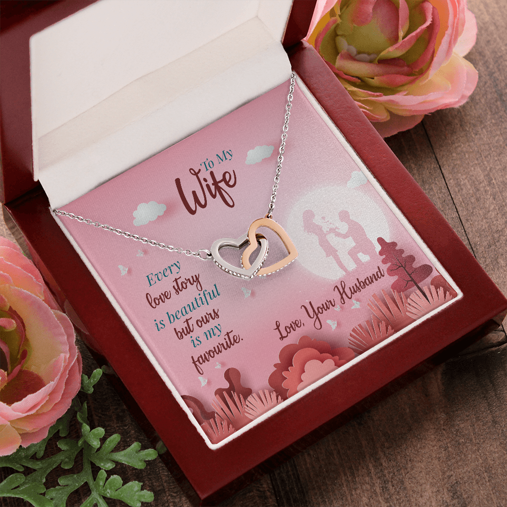 To My Wife, Interlocking Hearts Necklace With Our Love Story Is My Favourite Message Card, Birthday, Anniversary, Gift For Her, Jewelry For Her, Pendant For Her