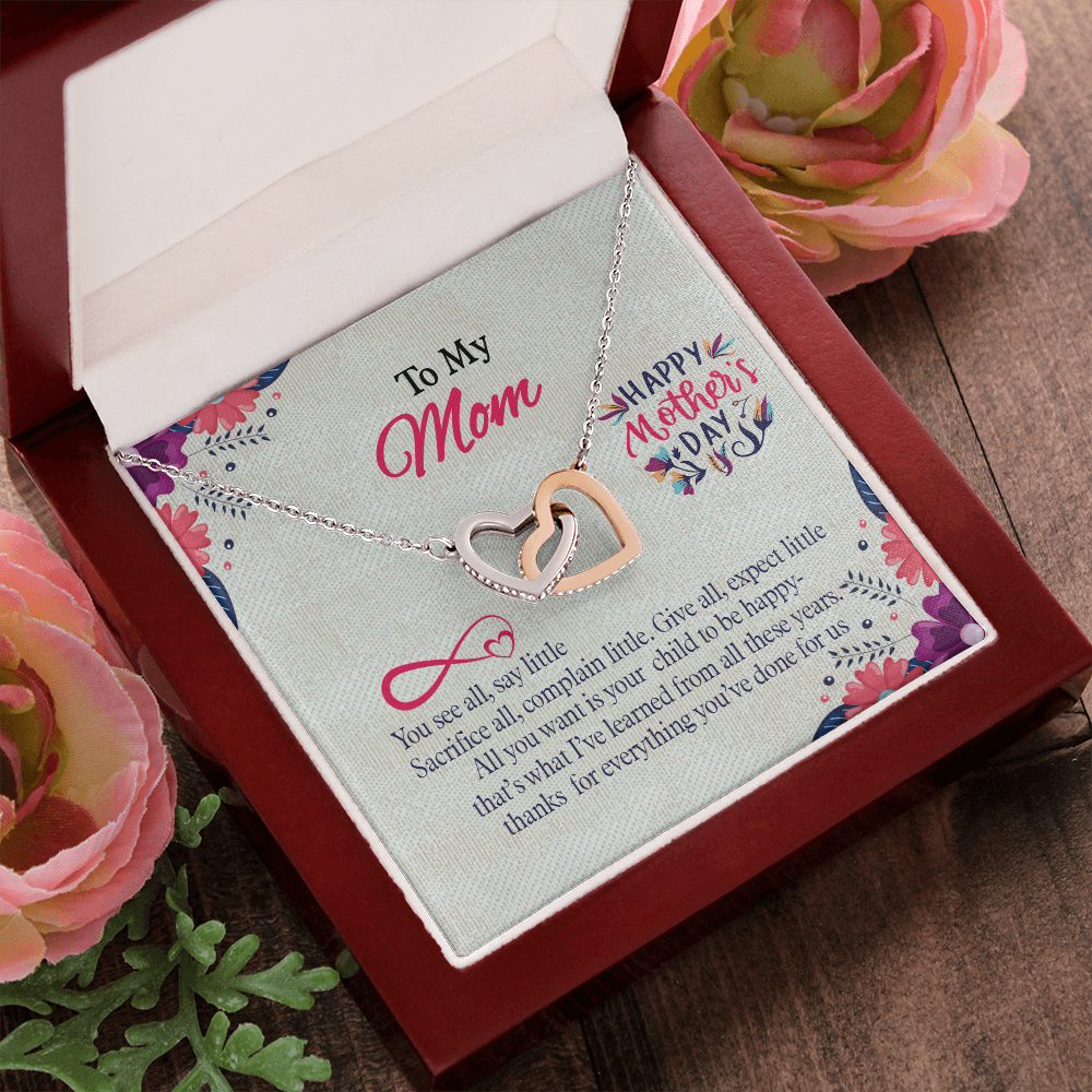To My Mom, Interlocking Hearts Necklace With All You Want Is Your Child To Be Happy Message Card, Mother's Day Gift, Birthday, Anniversary, Pendant For Her, Jewelry For Her
