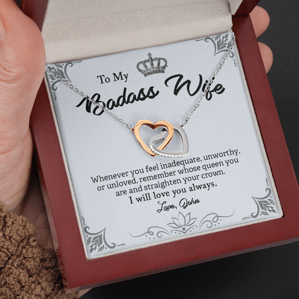 To My Badass Wife, Interlocking Hearts Necklace With Whenever You Feel Inadequate Remember Whose Queen You Are Customized Message Card, Anniversary, Birthday, Gift For Her, Jewelry For Her, Pendant For Her
