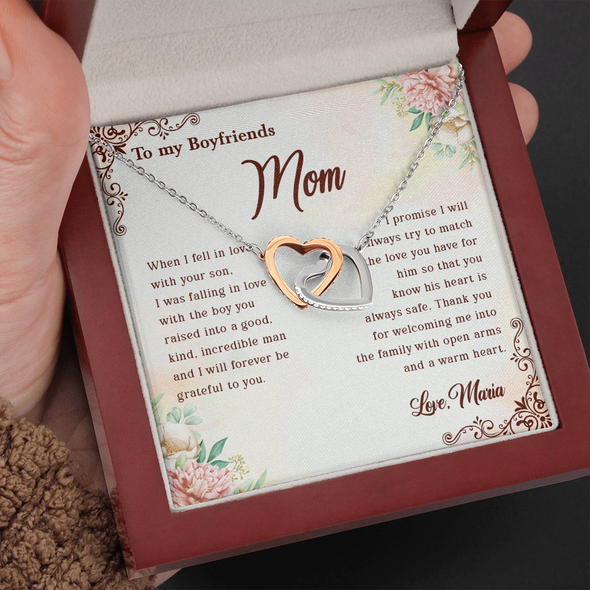 To My Boyfriend's Mom, Interlocking Hearts Necklace With I Will Forever Be Grateful To You Message Card, Mother's Day Gift, Anniversary Gift, Birthday Gift, Jewelry For Her, Customized Message Card