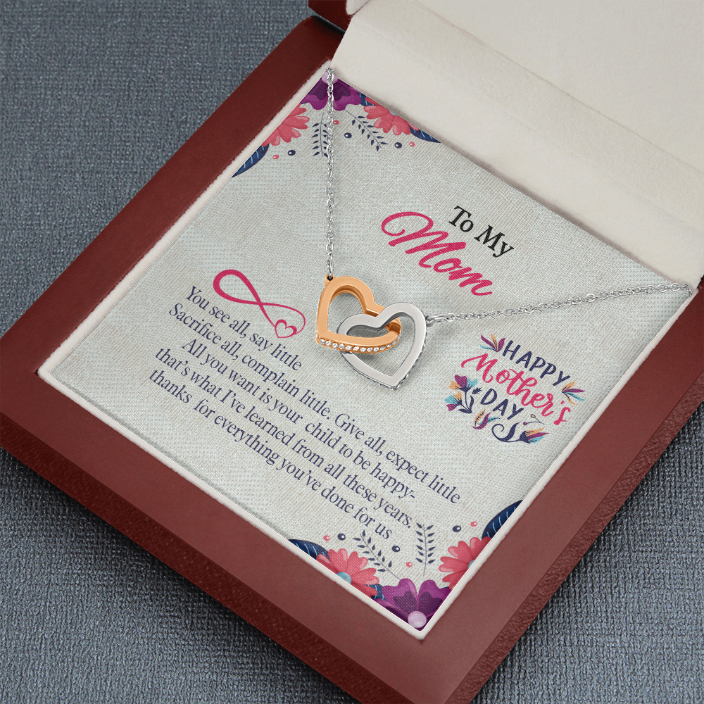 To My Mom, Interlocking Hearts Necklace With All You Want Is Your Child To Be Happy Message Card, Mother's Day Gift, Birthday, Anniversary, Pendant For Her, Jewelry For Her