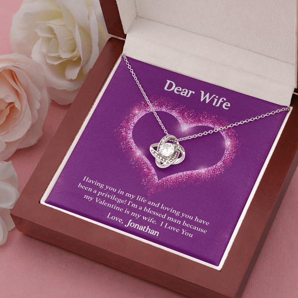 Dear Wife, Love Knot Necklace With Having You In My Life Message Card, Birthday, Anniversary, Valentine's Day Gift, Jewelry For Her, Pendant For Her, Customized Message Card