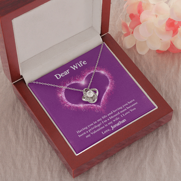 Dear Wife, Love Knot Necklace With Having You In My Life Message Card, Birthday, Anniversary, Valentine's Day Gift, Jewelry For Her, Pendant For Her, Customized Message Card