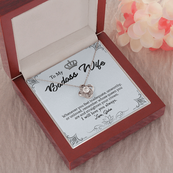 To My Badass Wife, Love Knot Necklace With Whenever You Feel Inadequate Remember Whose Queen You Are Customized Message Card, Anniversary, Birthday, Gift For Her, Jewelry For Her, Pendant For Her