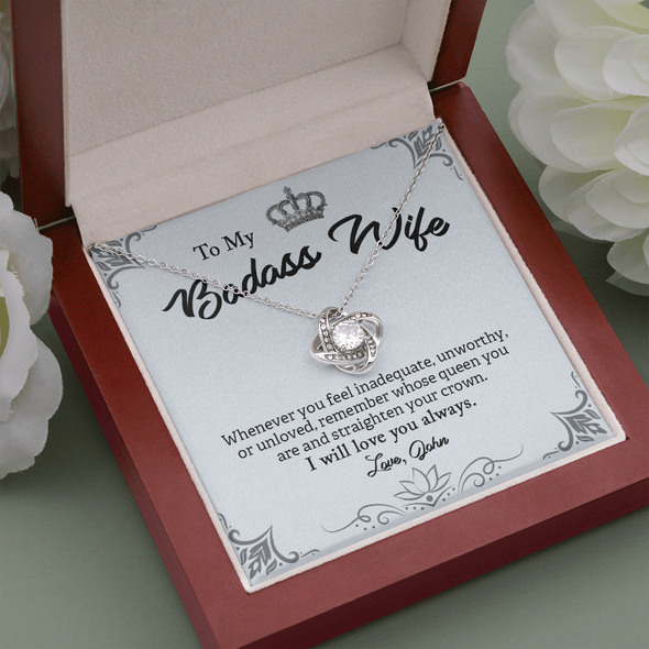 To My Badass Wife, Love Knot Necklace With Whenever You Feel Inadequate Remember Whose Queen You Are Customized Message Card, Anniversary, Birthday, Gift For Her, Jewelry For Her, Pendant For Her