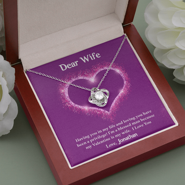 Dear Wife, Love Knot Necklace With Having You In My Life Message Card, Birthday, Anniversary, Valentine's Day Gift, Jewelry For Her, Pendant For Her, Customized Message Card