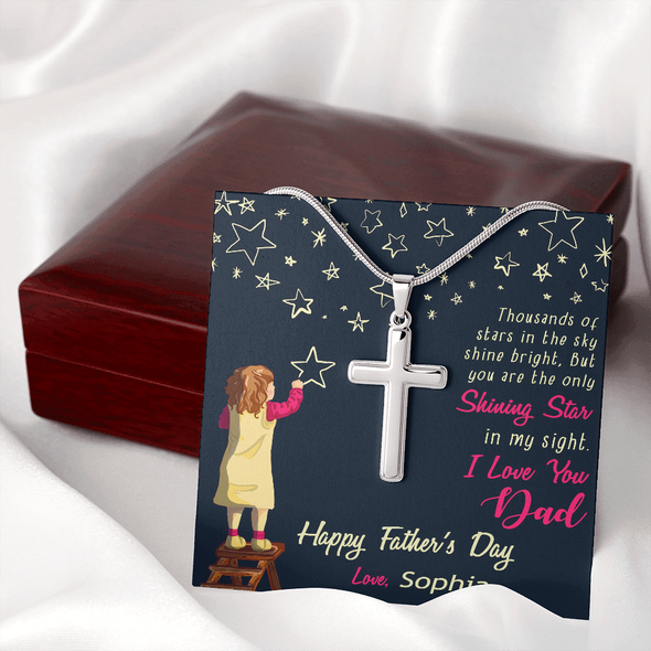 To My Dad, Artisan Crafted Cross Necklace With Thousand Of Stars In The Sky Shine Bright Message Card, Father's Day Gift For Him, Jewelry For Him, Gift For Dad